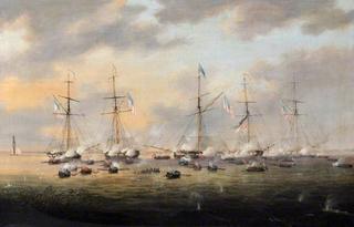 1814年12月14日，英国和美国炮艇在波涅湖上作战