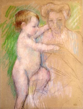 Nude Baby beside Her Mother
