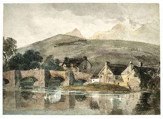 A Riverside Village, with Mountains Beyond