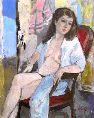 Eugénie nude in a robe, seated on the Villa Brune Studio