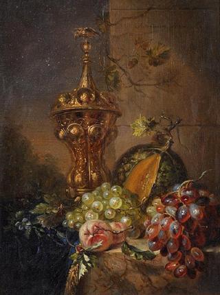 Still life with grapes, pumpkin and peach