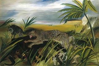 Leopard with buffalo and hyena