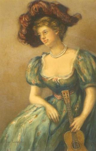 Young Woman with Guitar and Hat