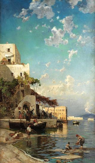 Evening gathering of fishermen in a tavern of Mergellina near Naples