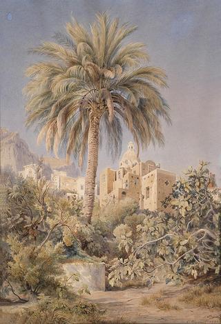 An oriental house and a palm tree