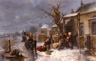 Children Playing by a Canal in Winter