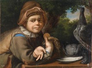 A young poultry vendor with a Spanish escudo coin from 1729 featuring the portrait of King Philip V