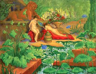 Two Female Nudes with Lions