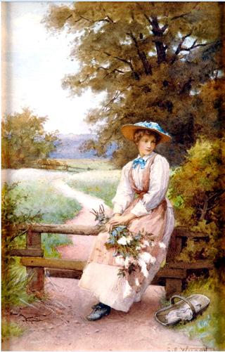 Lady with Picked Flowers Waiting on Bench