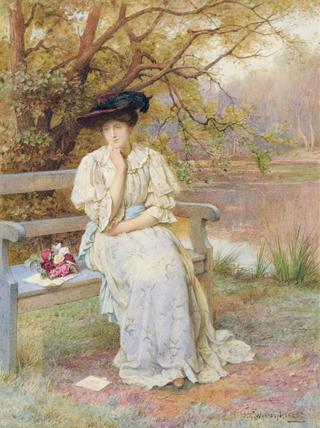 An Elegant Lady Seated on a Bench with a Posey