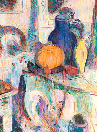 Still life with pumpkin and blue jug