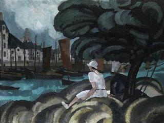 Woman sitting in front of a bridge