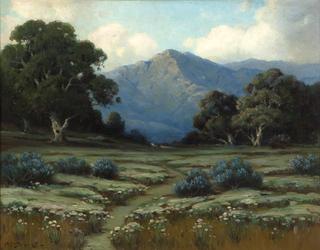 Oak trees and lupine in a California landscape