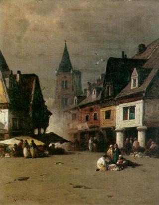 A View of the Town Square with Figures at Market Stalls, Dieppe