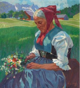 Costumed Woman with a Bouquet of Flowers in an Alpine Landscape