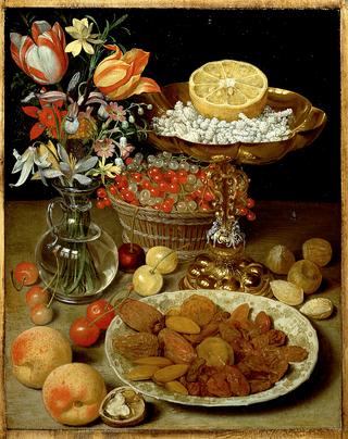 Dessert still life with a bunch of flowers