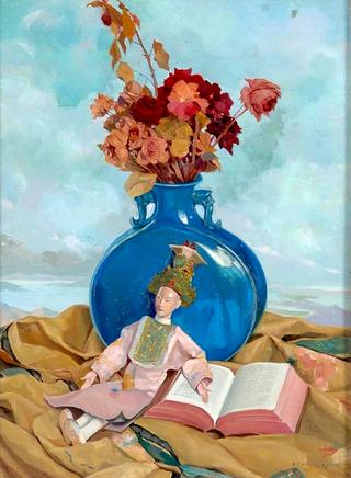 Nature morte aux fleurs et à la poupée chinoise