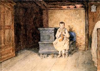 Girl Seated on a Bench Knitting