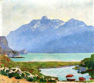 Morning - Landscape of Lake Sils with Capolago, overlooking Piz Corvatsch