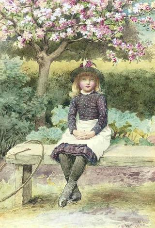 Young Girl with Hoop and Stick, Seated on a Bench un an Apple Tree in Blossom