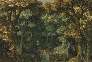 A wooded landscape with a stag hunt