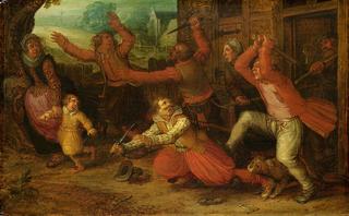 Peasants driving out a rich family from a house