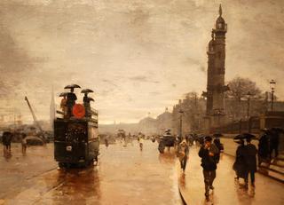 Tramway devant les Quinconces par temps de pluie