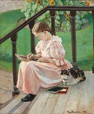 Young Girl in a Pink Dress on a Staircase