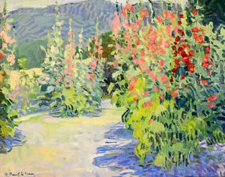 Taos Mountains and Hollyhocks