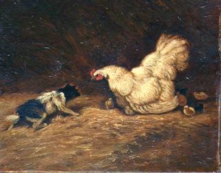 Chien menaçant une poule et ses poussins