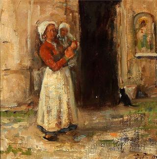 Italian woman with a child in her arms