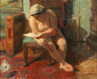 Portrait of a semi-nude model reading