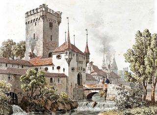 The Golatenmattgasstor in Bern and in the background the Christoffelturm