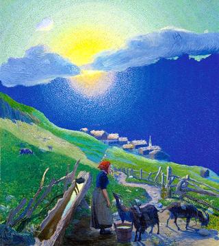 Shepherdess with Goats againt the Alpine Sunset
