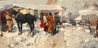 Russian Winter Village Scene with Horse and Figures