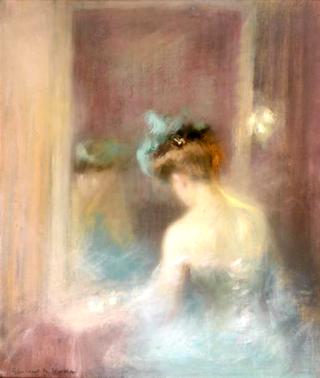 Femme assise de dos, devant sa coiffeuse