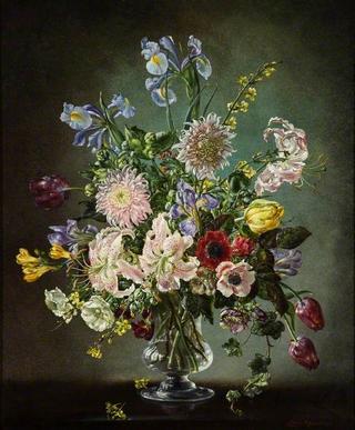 玻璃花瓶里的花、鸢尾花、菊花等