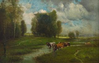 Cows in a stream