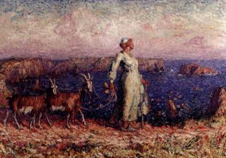 Shepherdess in white with goats