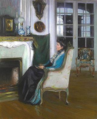 Woman Seated by a Fireplace