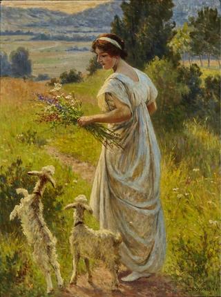 Maiden and Lambs in a Sunlit Glade