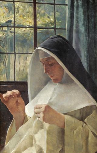 Portrait of a Nun Sewing Beside a Sunlit Window