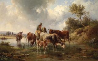 Сows with shepherd at the ford