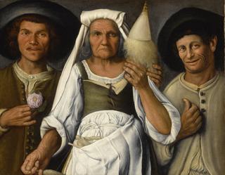 Old Peasant Woman with a Distaff and Spindle Flanked by Two Male Peasants
