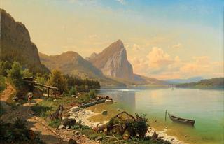 At the Mondsee near Scharfling with a view of the Drachenwand