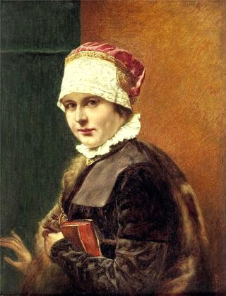 Lady in East German costume with gloves and book