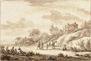 Travellers in a Wooded Landscape beneath a Ruined Circular Temple