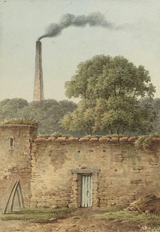 Wall with distant smokestack