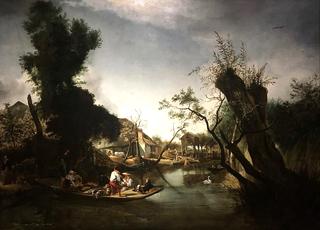 River landscape with a ferry