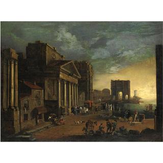 Idealized view of a harbour with classic monuments